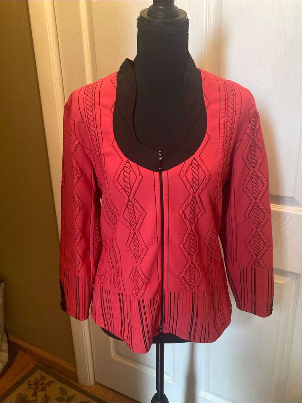 Red Embroidered Zip Front Jacket